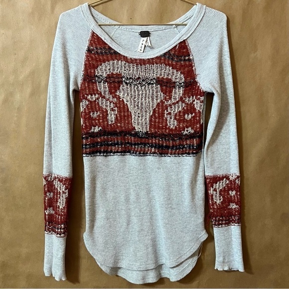 Free People | Rare Bambi Swit Ram Skull Knit Thermal Top Southwestern Size S - Picture 1 of 12